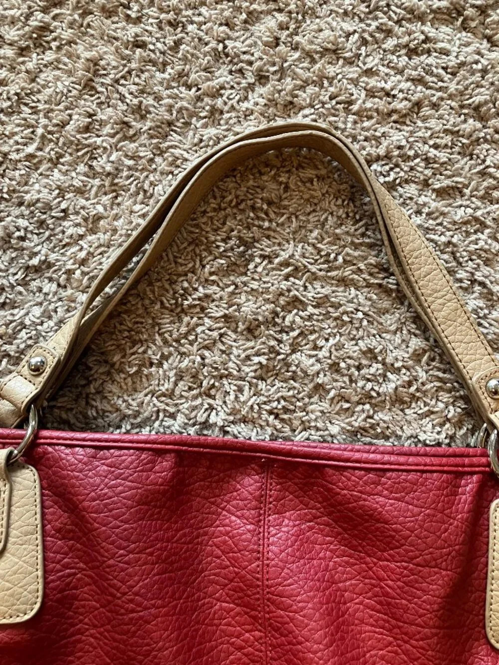 Nine West Red Tan Oversized Tote Shoulder Bag Faux Leather Y2K Colorblock